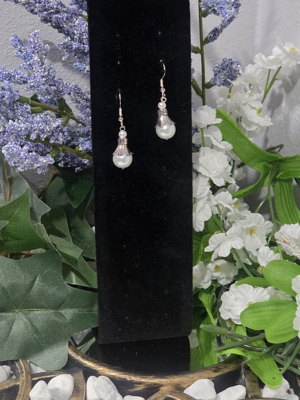 Hand Crafted White Faux Pearl Drop Earrings with Silver Accents
